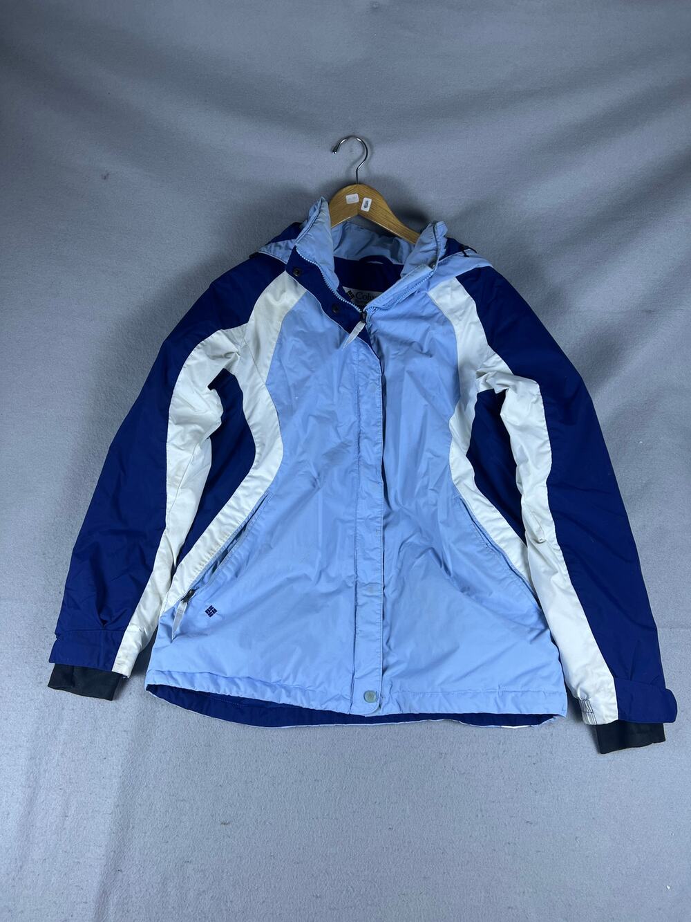 Columbia Ski Jacket Womens L Blue White Colorblock Hooded Winter Outdoor Sports